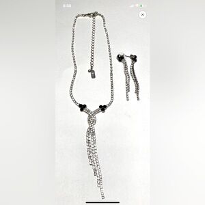 Vintage Camrose & Kross Clear/Black Rhinestone Fringe Necklace & Earrings Ser